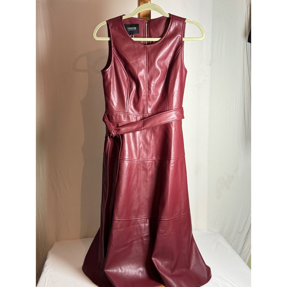 Chartou Women Burgundy Faux Leather Sleeveless Midi A-Line Dress Tie Waist Small